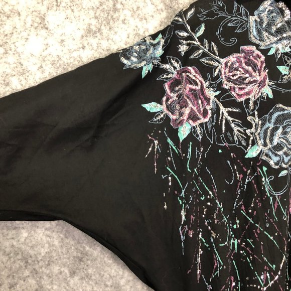 Vintage 80s 90s Sweater Size L Womens Glitter Floral Dolman 3/4 Sleeve Black - Picture 4 of 12